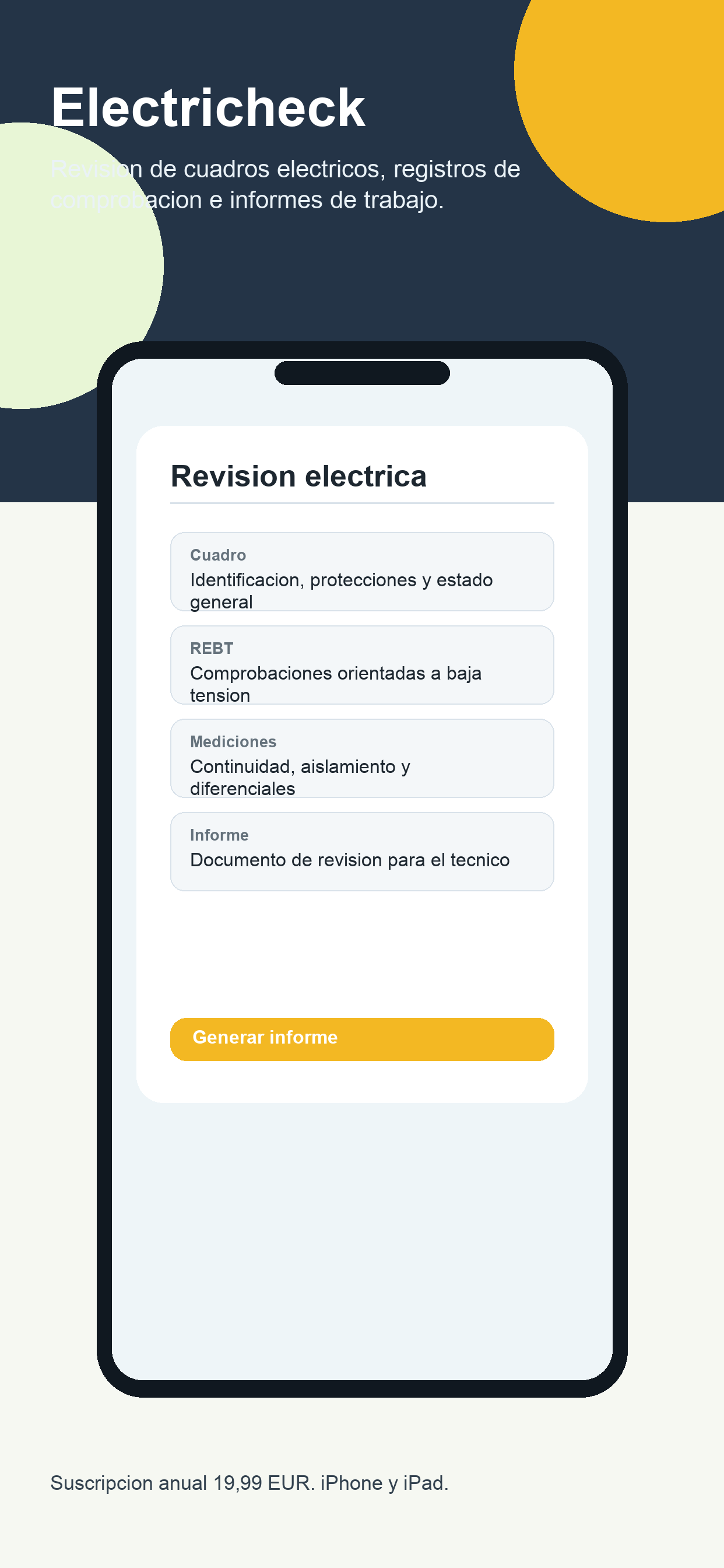 Pantalla de Electricheck con inspección visual